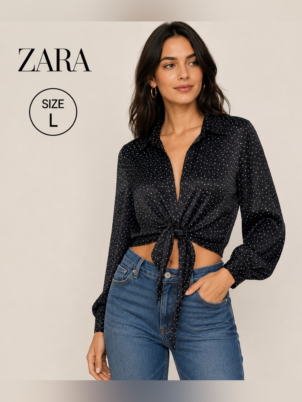 ZARA Black Polka Dot Tie-Front black Blouse/size L